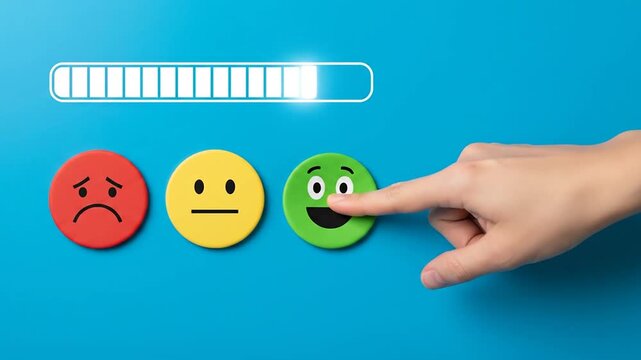 Customer feedback review with hand pressing happy smiley face button to complete loading bar on blue background