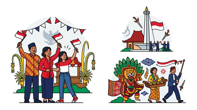 indonesian independence day celebration featuring patriotic people waving flags indonesian culture monas and a traditional festival.