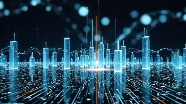 Digital smart city visualization with glowing server towers and moving data light trails in a cyber network environment.