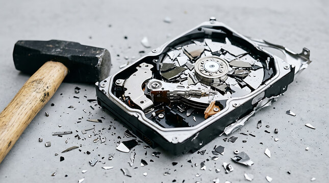 Hammer smashing a damaged hard drive, data destruction concept