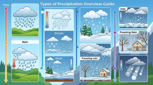 Educational infographic showing different types of precipitation weather