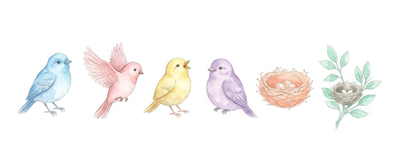 Fototapeta premium Watercolor pastel birds set clip art featuring colorful flying sitting singing songbirds with nests and eggs, cute spring nature watercolor illustration isolated on white background vector art