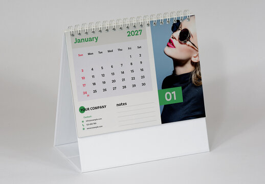 Minimal Desk Calendar 2027 wit Grey and Green Accents