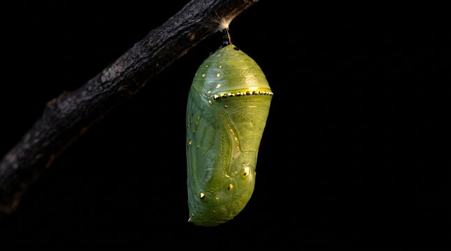 Monarch Butterfly Chrysalis Hanging from a Twig in Nature Representing Transformation and New Life