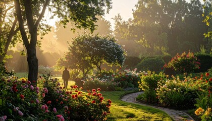 Fototapeta premium Serene Garden Landscape with Walking Path.