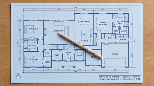 Residential architectural house floor plan blueprint with pencil on wooden table