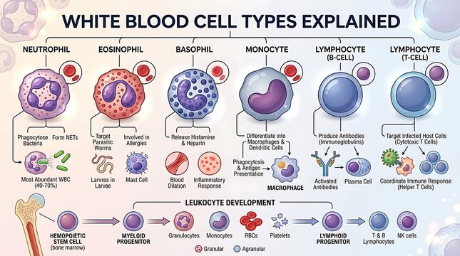 Infographic of white blood cell types and leukocyte development