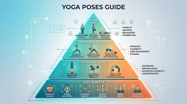 Yoga poses guide infographic showing levels and health benefits