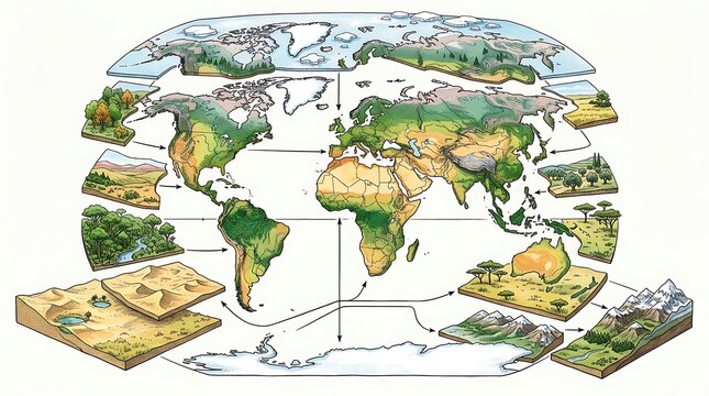 World map illustration with climate zones and ecosystem cross sections