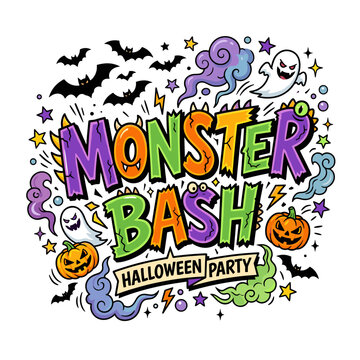 Monster Bash Halloween Party vector typography illustration with bats ghosts and pumpkins