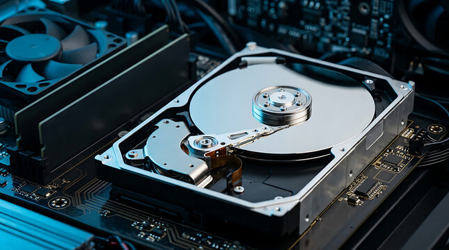 Inside a modern computer system highlighting a detailed hard drive component and circuit board