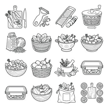 Kitchen tools and fresh vegetables icon set, 16 line art vector elements for cooking and food preparation, minimalist culinary equipment illustrations