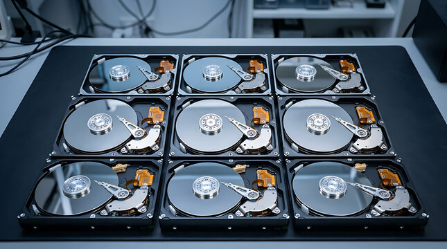 Nine Hard Disk Drives Arranged Neatly in Rows on a Dark Surface