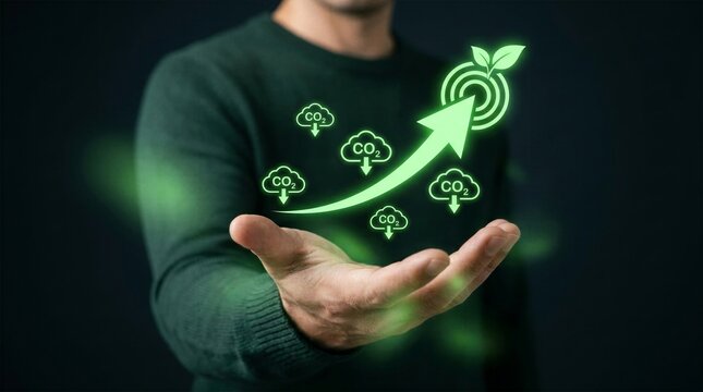 Hand holding digital holographic target and CO2 reduction icons for corporate sustainability goals