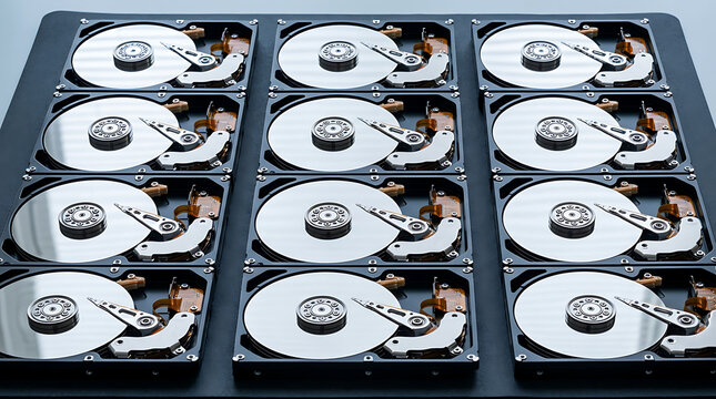 Grid pattern of open computer hard disk drives showing internal platters and actuator arms