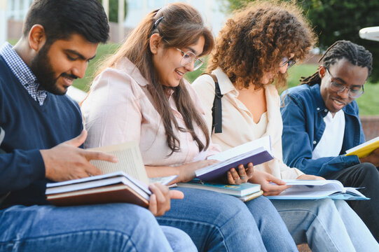 Diverse students learning together sitting outdoors on campus