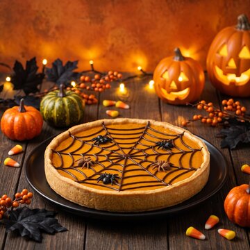 Halloween Decorated Pumpkin Pie with Chocolate Spiderweb and Spooky Background