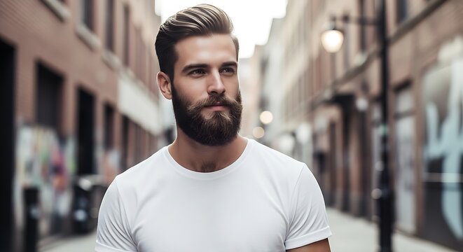 Man in white shirt walking city street.