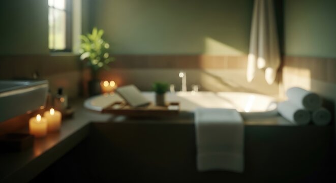 Relaxing Spa Bathroom with Candles, Towels, and Serene Ambiance.
