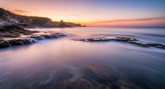 Serene Coastal Sunset - Tranquil Waters and Dramatic Sky at Dusk.