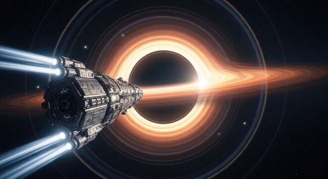 Spaceship Approaching a Black Hole in Deep Space, Futuristic Concept.