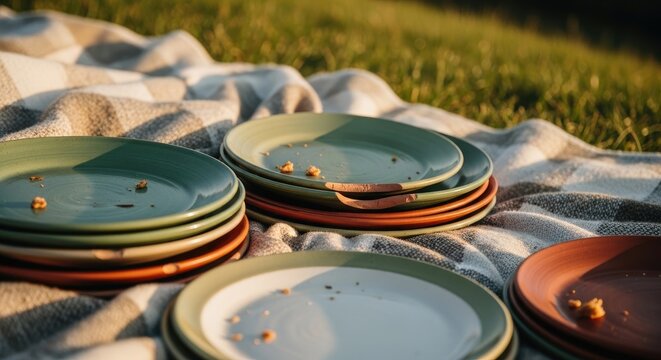 Stacked ceramic plates on a picnic blanket in the sunlight.