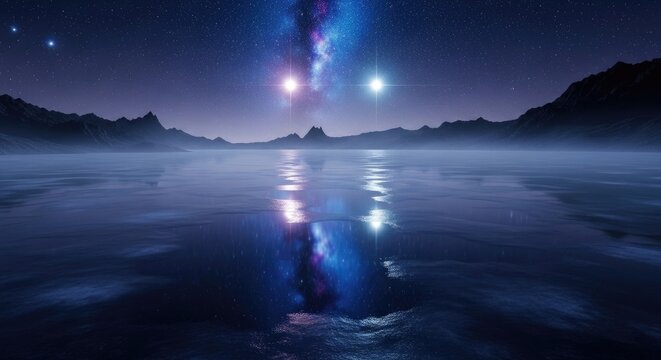 Stunning Night Sky Reflecting on Calm Water with Distant Mountains.