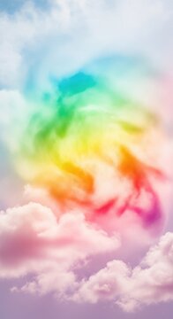 Vibrant Rainbow Cloud Formation in a Pastel Sky, Dreamy and Colorful.
