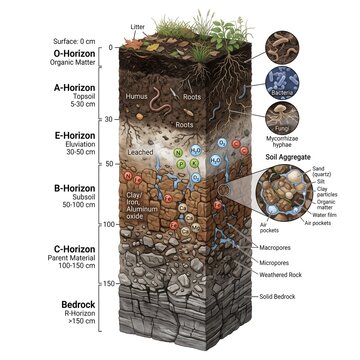 Detailed Soil Profile Diagram Showing Soil Layers Horizons Microorganisms and Soil Aggregate Structure