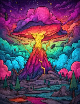 Vibrant, stylized volcano erupting under a psychedelic cloud
