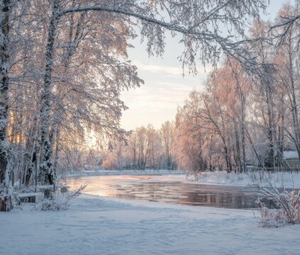 Winter sunrise over a frosted river. Snowy trees frame a tranquil scene