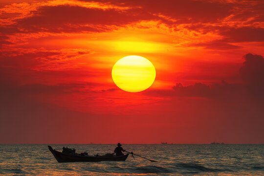 Silhouette of a boat at sunset.  Fiery red sky with a golden sun