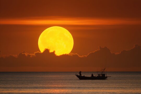 Sunrise/sunset over a tranquil sea, large golden moon, silhouette of a fishing boat