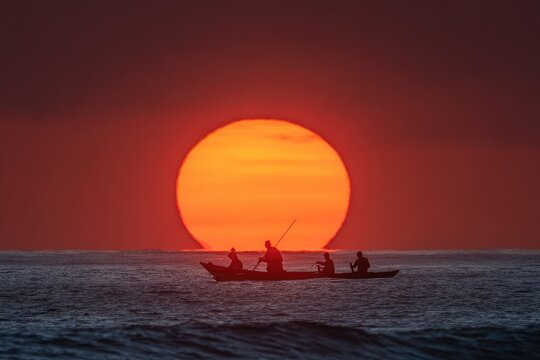 Silhouetted boat at sunrise