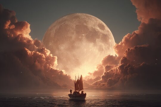 A small boat sails beneath a giant moon, framed by dramatic clouds