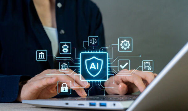 Businessman using laptop with AI ethics, security, protection, compliance, and governance technology icons