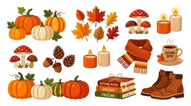 Autumn Elements Collection with Pumpkins Leaves and Accessories