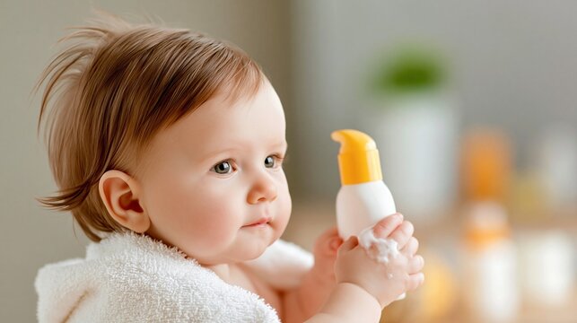 Baby holds a small bottle of lotion while looking curious in a bathroom setting