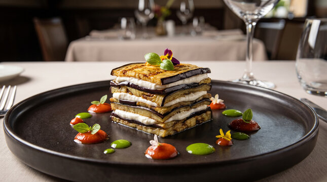 A beautifully detailed photorealistic stock photograph capturing an elegant geometric eggplant mille-feuille with goat cheese and tomato coulis dots on a modern plate.