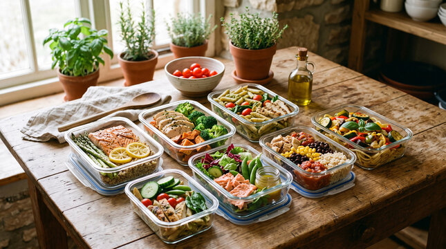 Healthy meal prep containers with balanced diet food on wooden table background