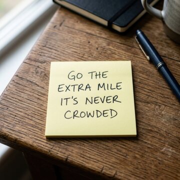 Motivation Sticky Note On Desk Go The Extra Mile It's Never Crowded