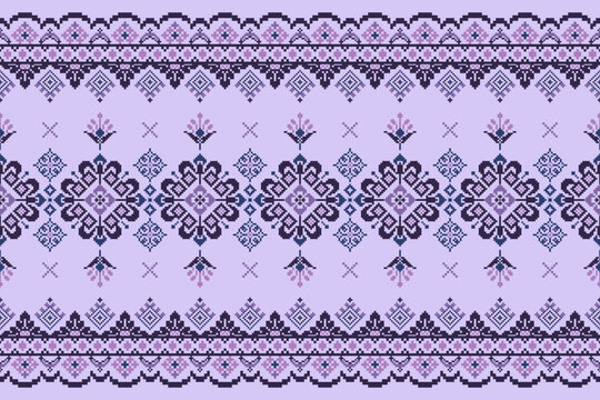 Traditional pixel ornamental border pattern with symmetrical floral and geometric motifs in lavender, purple, and blue. Seamless decorative textile design for fabric, wallpaper, stationery, packaging,