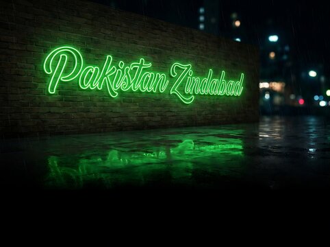 Pakistan Zindabad green neon sign on brick wall, patriotic glowing text on urban street, independence day celebration light display