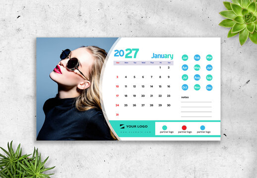 Modern Interactive Calendar 2027 with Green and Blue Accents