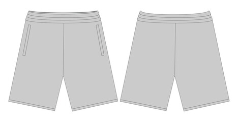 Athletic shorts technical flat vector sketch mockup template displaying front and back view angle for casual fleece sweat shorts activewear design tech pack apparel illustration outline. © sigraphics.co