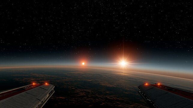View of two suns rising over the horizon of a planet from a spaceship in deep space at dawn