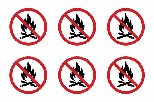 Set of six red no open fire signs with crossed matches and flames