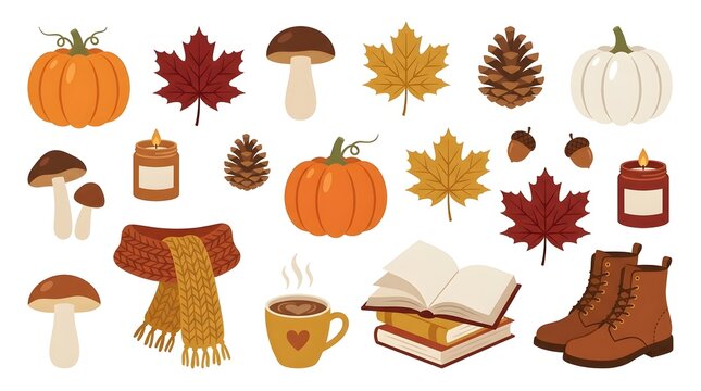 Autumn Clipart Collection with Pumpkins Leaves Mushrooms and Objects