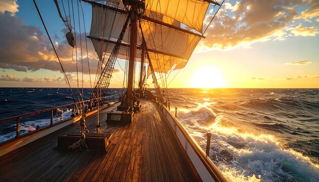 Antique wooden sailing ship deck navigating turbulent ocean waves during a vibrant golden hour sunset maritime journey