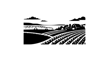 Naklejka premium Black and White Farm Landscape Illustration with Barn and Crops